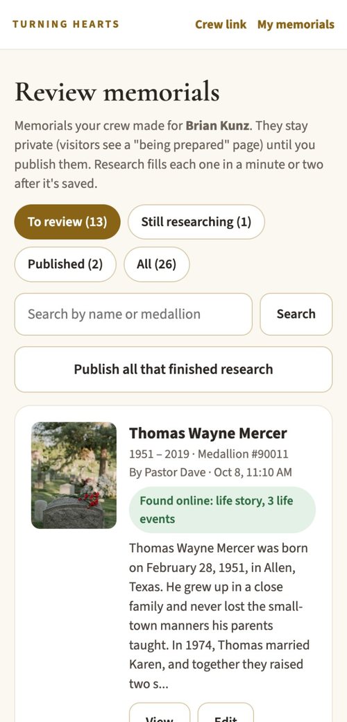 The real Review screen on a phone: Review memorials, with a crew-made memorial for Thomas Wayne Mercer showing a photo of his headstone with red carnations, Found online: life story, 3 life events, and his researched story